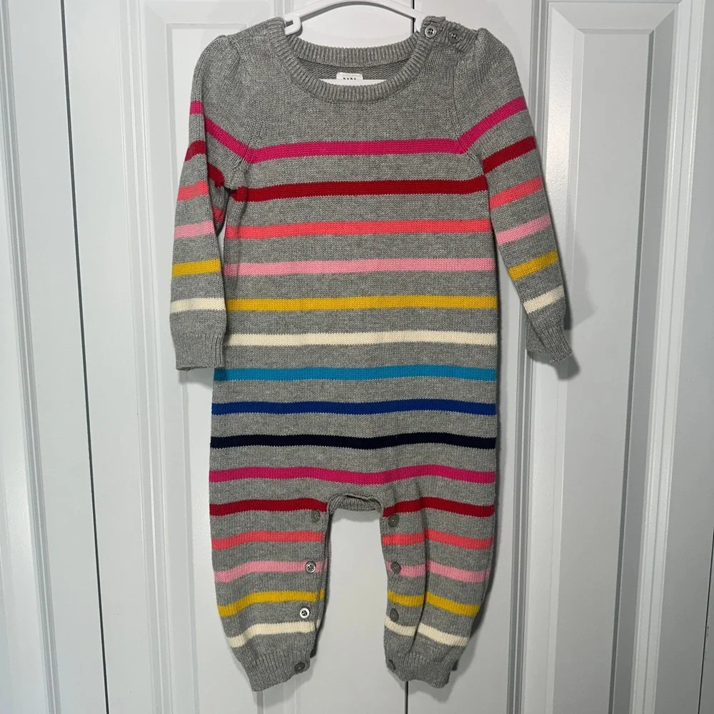 Gap Romper Baby 6-12 Months Grey Rainbow Striped Knit Cotton Jumpsuit Sweater